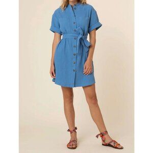 FRNCH Fanny Dress in Bleu Cotton Gauze Short-Sleeve Tie-Waist Blue Size Small